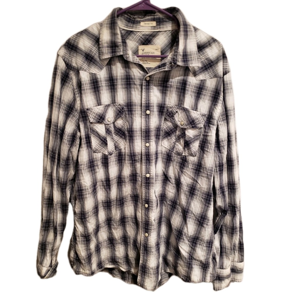 American Eagle Men XL Vintage Fit Plaid Pearl Snap Long Sleeve Western Shirt